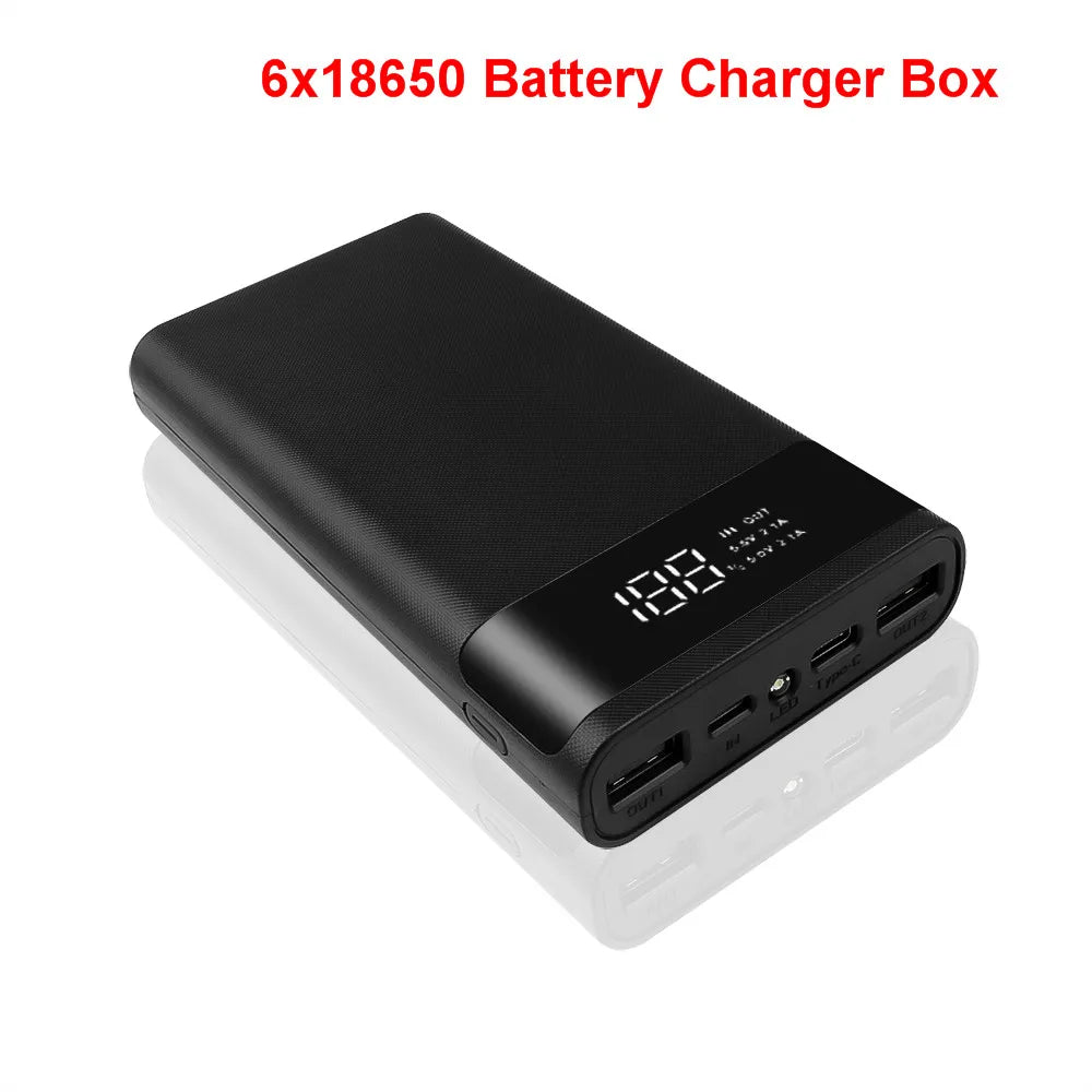 Dual USB Micro USB Type C Power Bank Shell DC 5V DIY 6*18650 Case Battery Charge Storage Box LED Display Flashlight