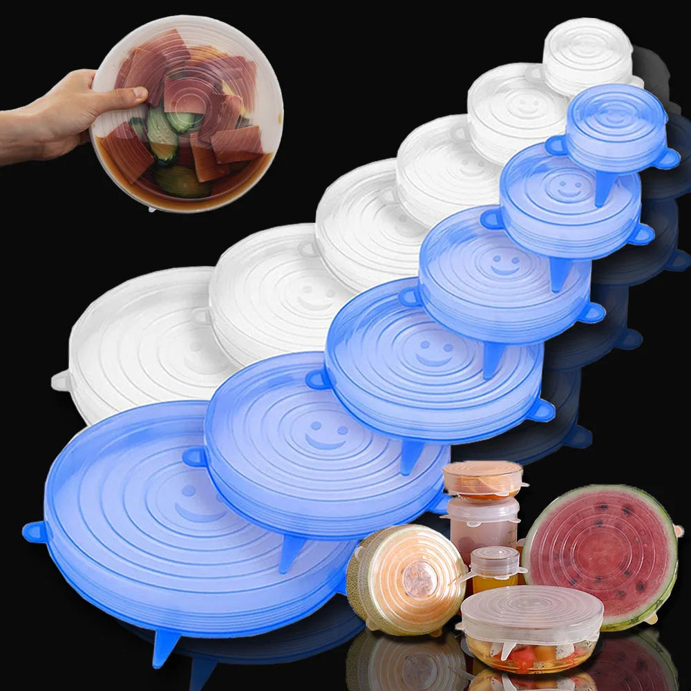 6 PCS Reusable Silicone Covers Caps Adaptable Silicone Lids For Cans Food Dishes Fresh-keeping Kitchen Accessories Utensils