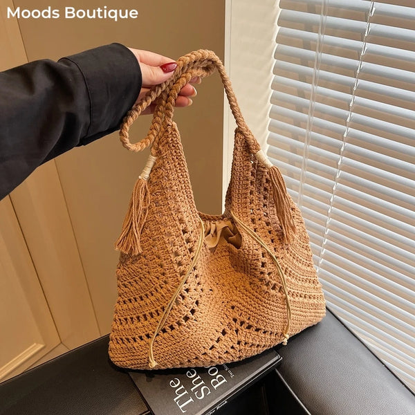 Crochet 2-IN-1 Shoulder Bag Set For Women Raffia Boho Rattan Summer Beach Vacation Tote Bags Knitted Design Handbags Female 2025