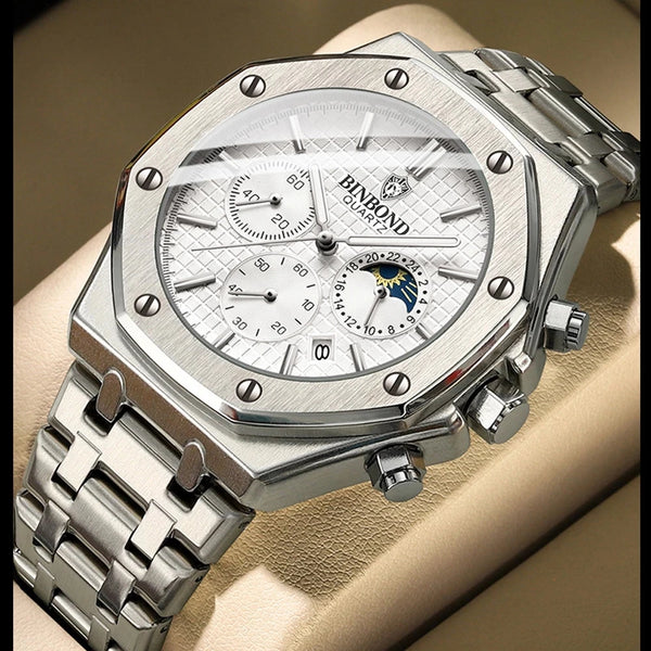BINBOND Top Brand 0161 Men's Casual Quartz Watch Luxury Luminous Watch Stainless Steel Waterproof Men's Clock 2025