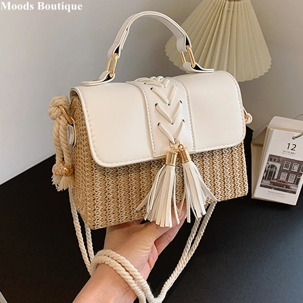 MOODS Straw Beach Bag For Women 2023 Summer New Luxury Designer Handbags Hit Color Tassels Shoulder Crossbody Box Bag Sac A Main