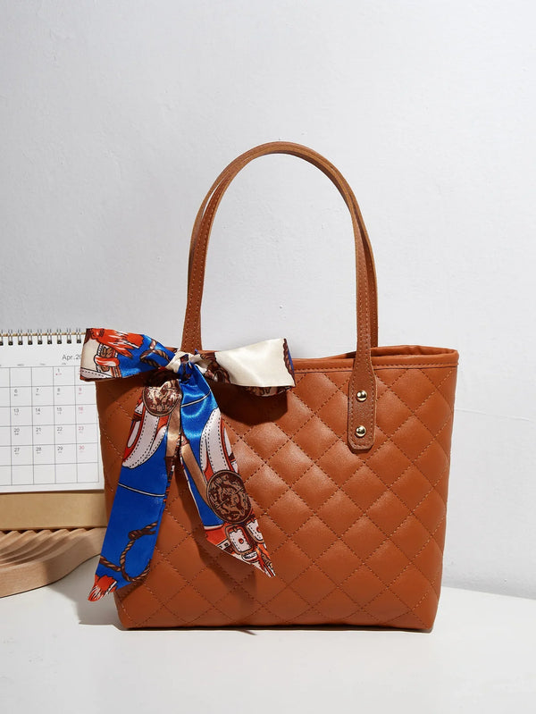 Embroidered Women's Handbag PU Leather Large Capacity Bucket Bag Fashion Beach Tote with Silk Scarf Gift Elegant Daily Use Purse